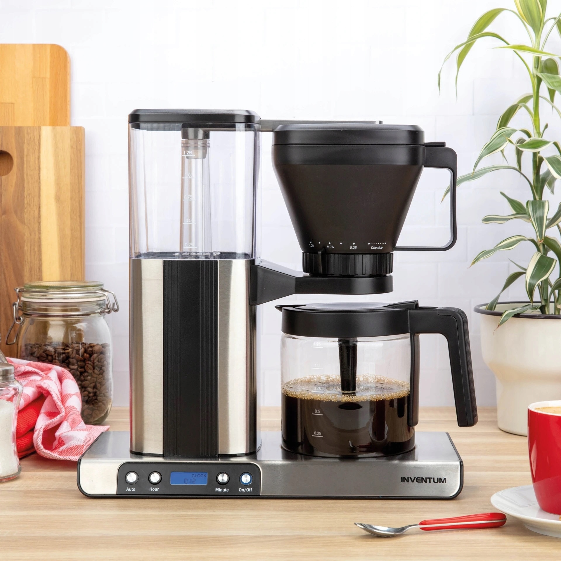 Cafetiere Inventum cu timer, sticla, 1,25l, 1550W, inox, 35x36,4x17,1cm