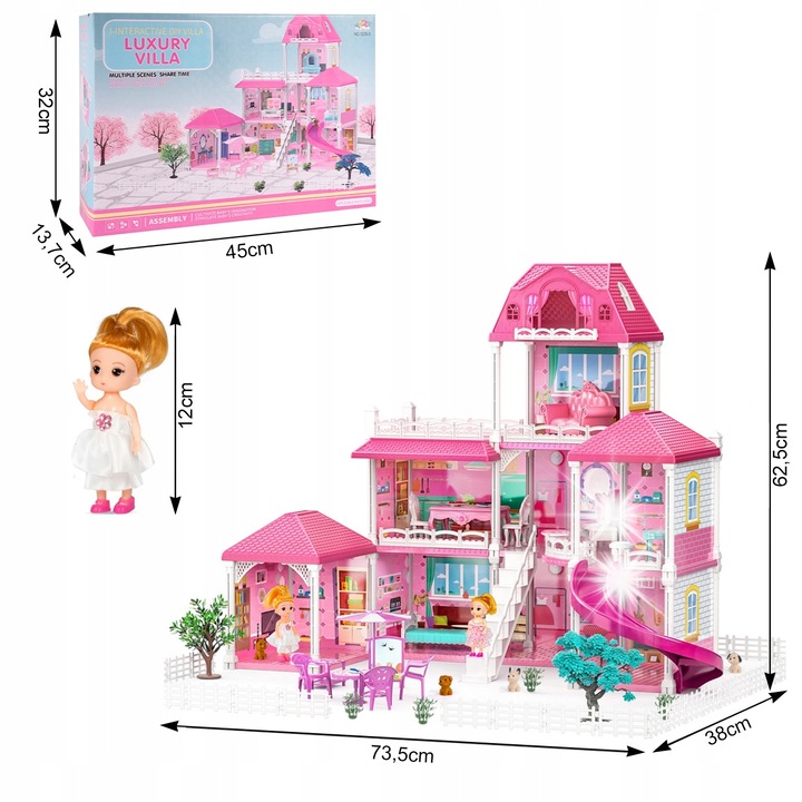 Casa de papusi MalPlay Villa, set cu mobilier, 19 piese, 2 papusi, 4 caini, roz, 62,5x38x73,5cm
