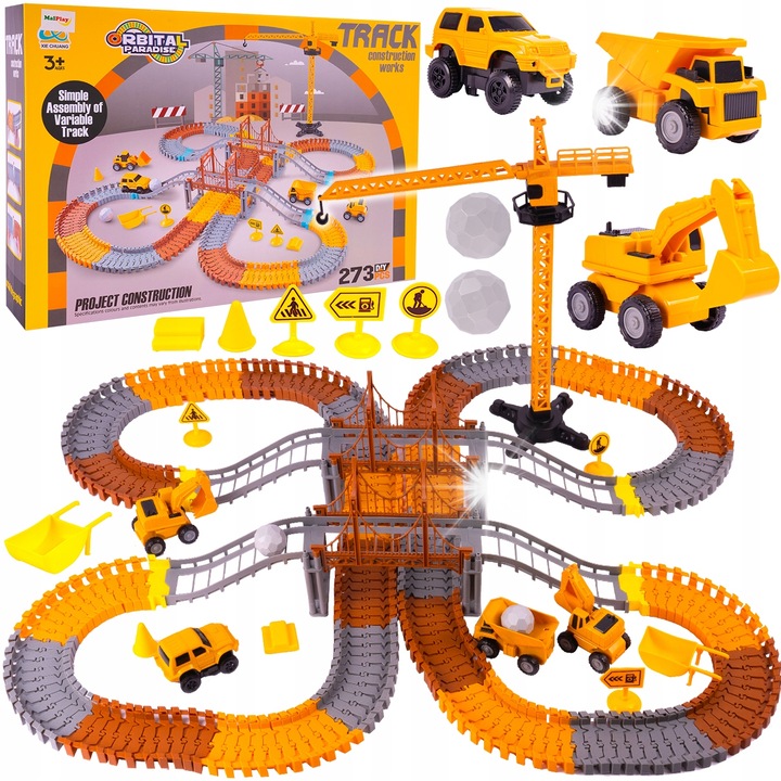 MalPlay 273 elemes versenypálya szett, motoros autóval, építőipari járművekkel, 91x80cm