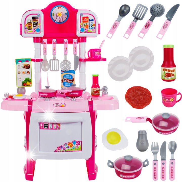 Bucatarie interactiva pentru copii MalPlay, cu apa, sunete si lumini, 16 accesorii, 50x31x70cm