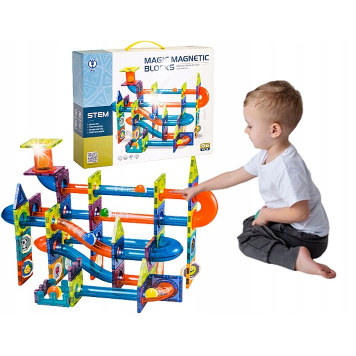 Set Blocuri Magnetice, MalPlay, Pista pentru Bile, 96 elemente, multicolor, 3+ ani