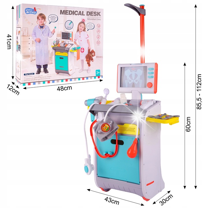 Set joaca doctor, MalPlay, carucior medical, monitor EKG/RTG, 112x43x30cm, multicolor