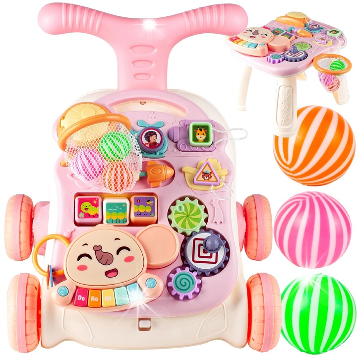 Antemergator 5 in 1, MalPlay, interactiv, cu pian si cos de baschet, multicolor, 46x14x35,5cm