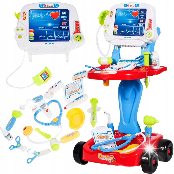 Set joaca doctor, MalPlay, carucior de reanimare, 17 piese, multicolor, 32x58x41cm