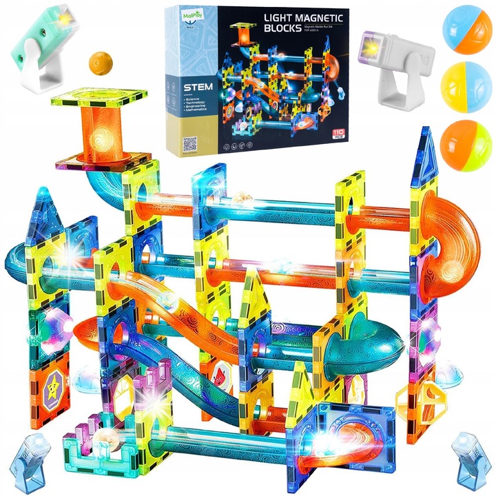 Set de constructie 3D MalPlay, klocki magnetice, 110 elemente, lumini LED, 52x40x30cm