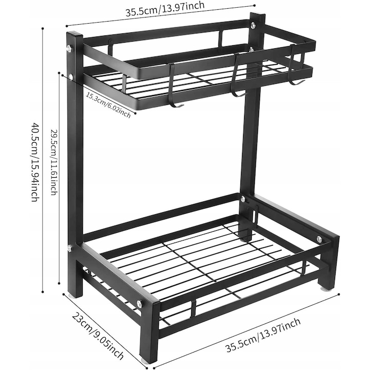 Organizator pentru condimente, Mamba, 2 niveluri, metal, negru, 40,5x35,5x23cm