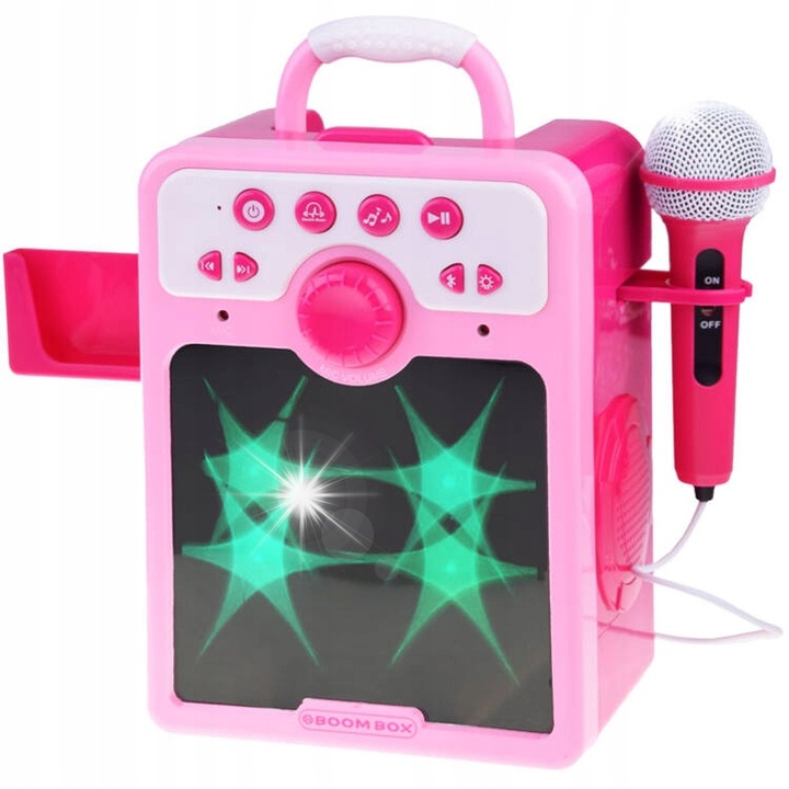 Boxa muzicala roz pentru copii cu microfon, Jokomisiada, 80 melodii, efecte luminoase, 31x28,5x12,5cm, set complet