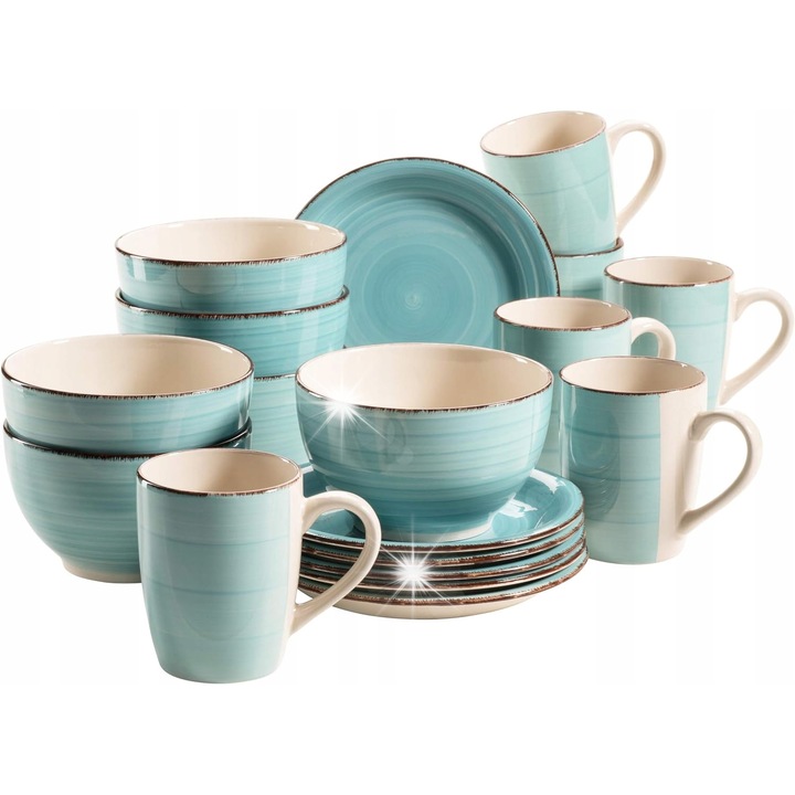 Комплект за хранене, 18 части, Maser, 5 големи чаши, 6 купи, 6 тюркоазени чинии, керамика