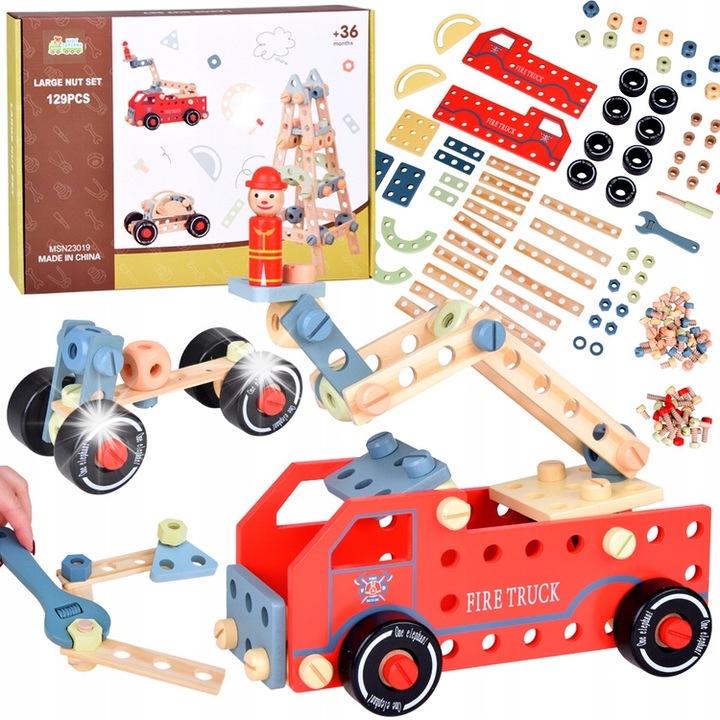 Set de constructie Jokomisiada, 129 elemente, masina de pompieri, dimensiuni 32x16x38cm, multicolor