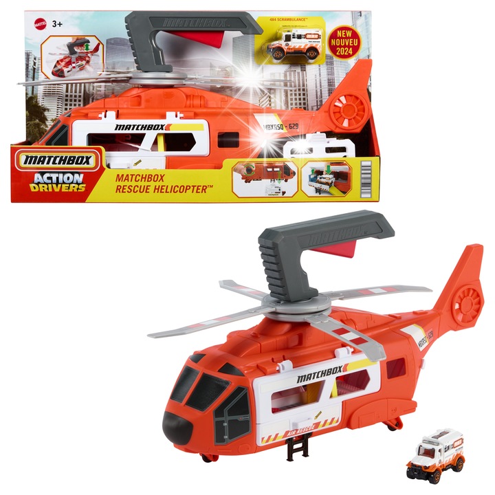 Спасителен хеликоптер Matchbox, 40,5см, с метално ремарке 1:64, трансформиращ се в спасителна станция