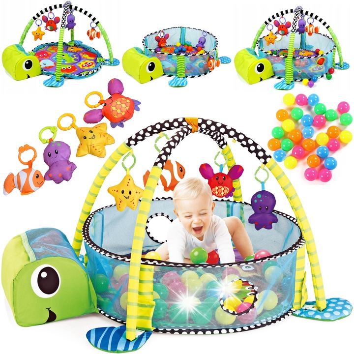 Spatiu de joaca educational interactiv Picollo 3 in 1, cu mingi, 68x95cm, multicolor, set cu jucarii suspendate