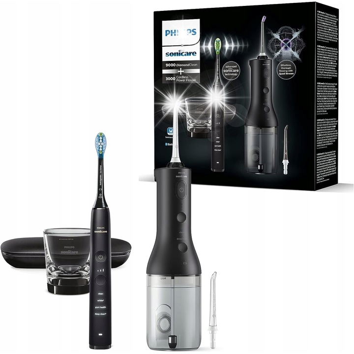 Set periuta de dinti sonica si irigator fara fir Philips HX3886/43, 4 programe, 3 intensitati, negru