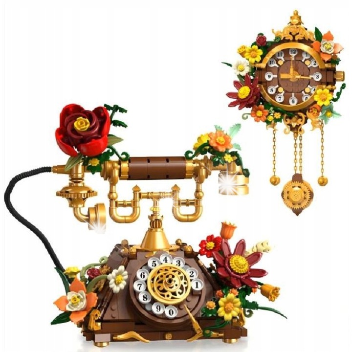 Set de constructie Plaxsoon, telefon retro cu flori, elemente mobile, ceas pendul