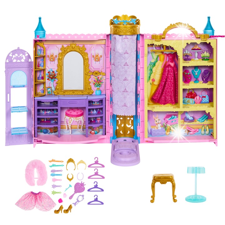Комплект за игра Disney Princess Гардероб с тоалетка, Mattel, 2 тоалета, 25 аксесоара, многоцветен, 60см