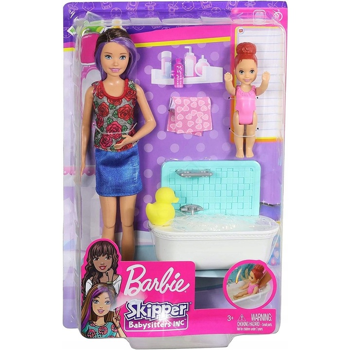 Barbie Skipper játékszett, Mattel, dadus baba, bébi baba, kád, kiegészítők, többszínű