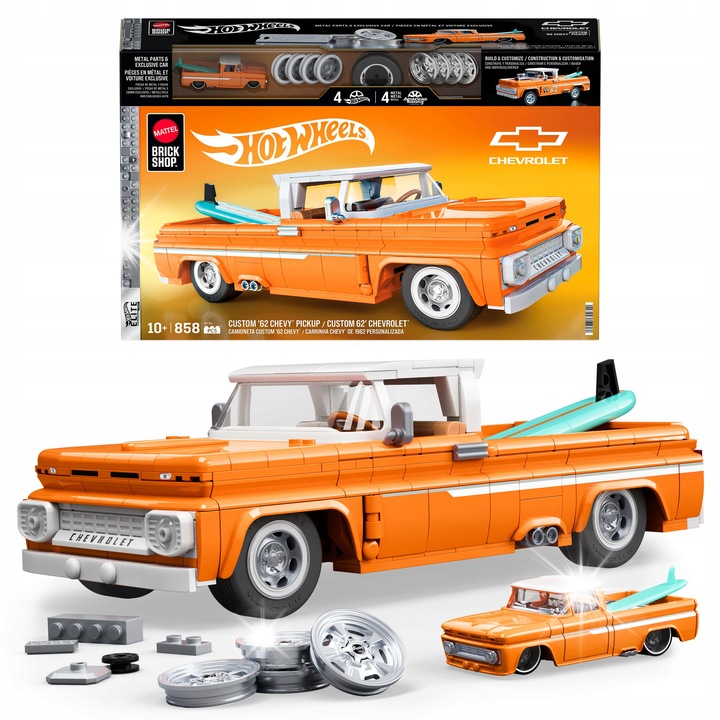 Set de constructie Mattel Custom '62 Chevy Pickup, 858 elemente, detalii realiste, portocaliu, 1:16