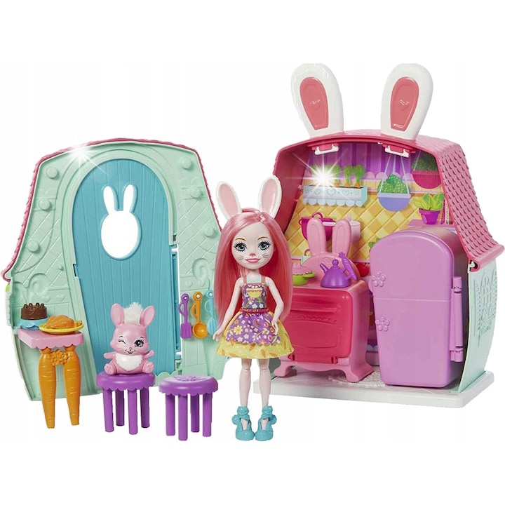 Set Papusa Enchantimals, casa cu figurine, Mattel, 1 papusa, 1 animal, 13 accesorii, multicolor, pentru fete, 4 ani+