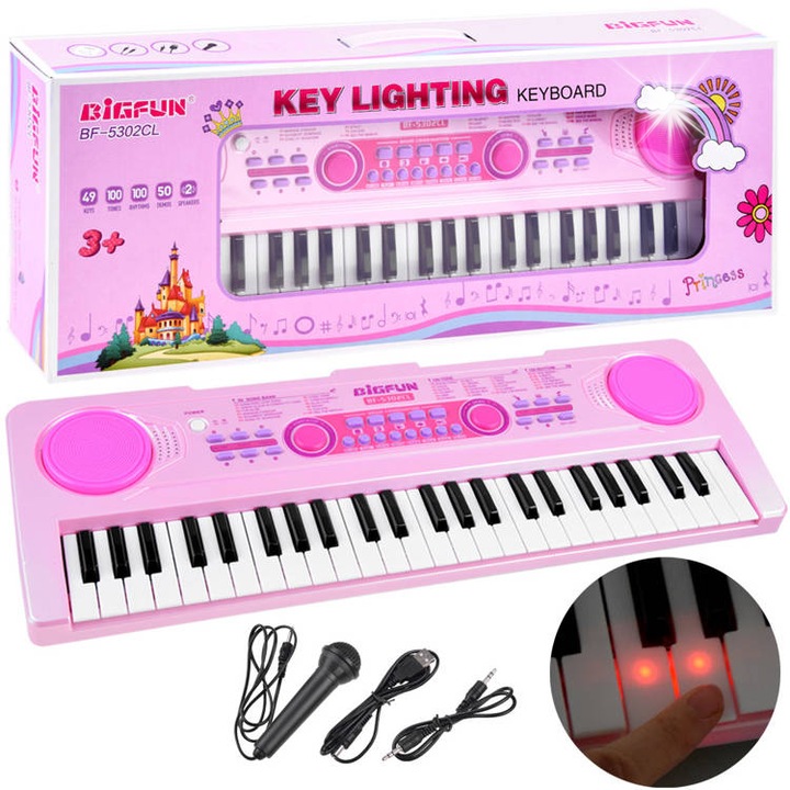 Claviatura orga de jucarie BigFun, 49 clape, 100 sunete, roz, 52,5x18x5,5cm, set cu microfon, cablu USB