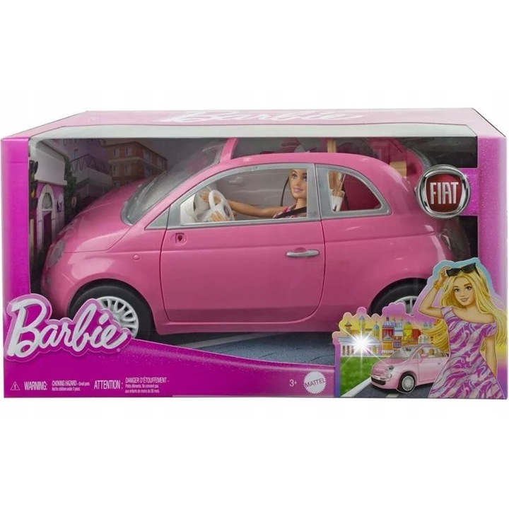 Set Masinuta Fiat 500, Mattel, Barbie HRG59, roz, 4 locuri, detalii realiste