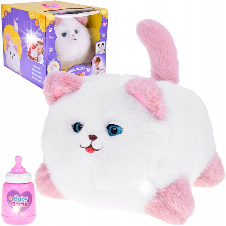 Pisicuta interactiva Jokomisiada Pusia, alba cu roz, 25x17x24cm, include sticluta de hranire