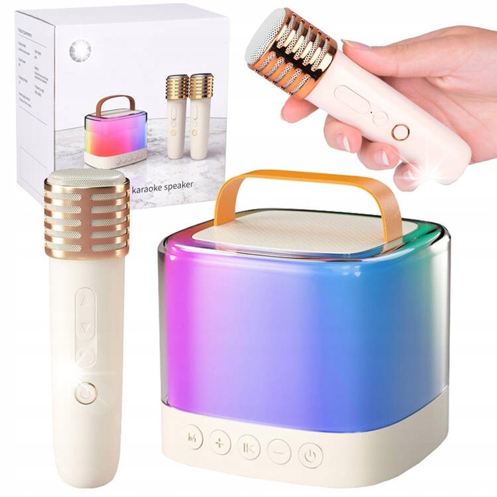 Set microfon cu difuzor portabil, Jokomisiada, Bluetooth, 2 microfoane, 10x10x8cm, multicolor