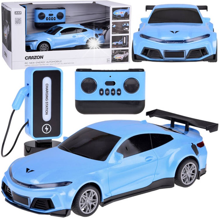 Masinuta electrica cu telecomanda, Jokomisiada, albastra, set cu statie de incarcare, 28x12x8cm