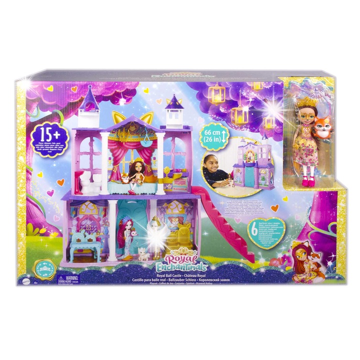 Enchantimals királyi palota, Felicity Fox és Flick figurával, 66x30x30cm, 5 szoba, 15 kiegészítő