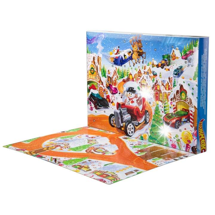 Calendar Advent Hot Wheels 2025, 24 surprize, 10 masinute 1:64, accesorii, multicolor