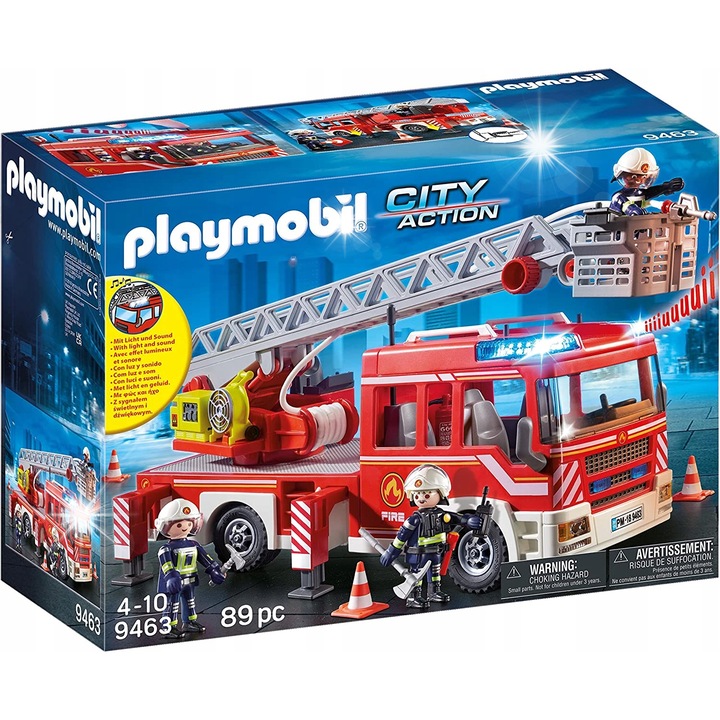 Set de constructie, Playmobil, masina de pompieri cu scara, 3 figurine, 89 elemente