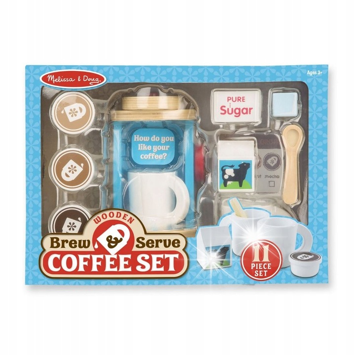 Set de joaca pentru prepararea cafelei din lemn, Melissa & Doug, 2 cani, 3 capsule, multicolor, 25.4x33.02x10.16cm