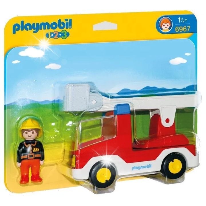 Set Playmobil 1.2.3, masina de pompieri cu scara, figura pompier, multicolor, pentru copii de la 18 luni