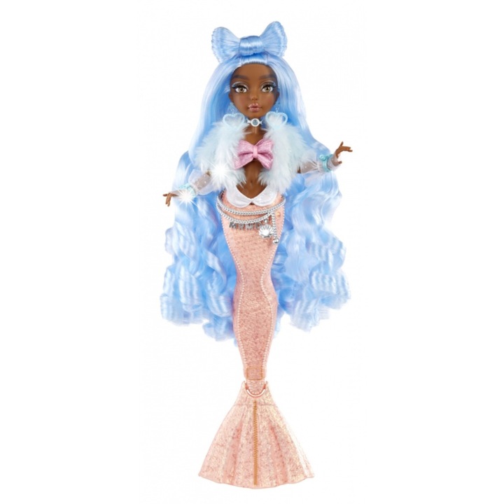 Papusa Mermaze Mermaidz Shellnelle, sirena cu coada care schimba culoarea, bluza roz, jacheta albastra, 34 cm