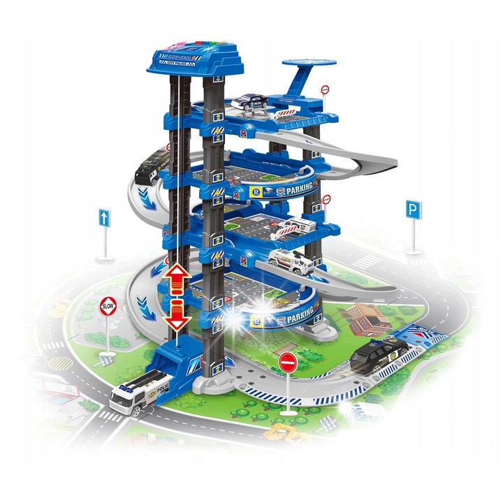 Garaj cu etaje, Kinderini, set cu 2 masini de politie si 1 elicopter, 66,5x45x41cm, multicolor