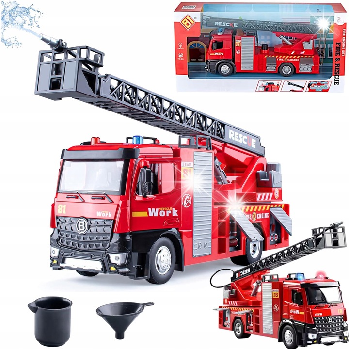 Camion de pompieri Kinderini cu scara extensibila si efecte sonore, rosu, 27x14x8cm