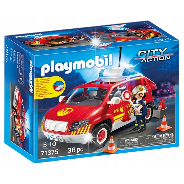 Autó, Playmobil, tűzoltóparancsnoki készlet, 38 elem, többszínű, 5 éves kortól
