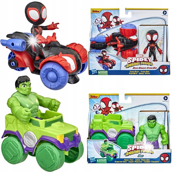 Комплект фигурки Marvel Spidey, Майлс Моралес и Хълк с превозни средства Techno Racer и Smash Truck, 10 см