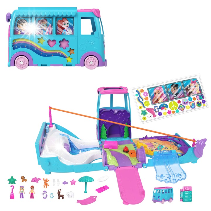 Set de joaca rulota de calatorie cu papusi si accesorii Polly Pocket, multicolor, 4 ani+
