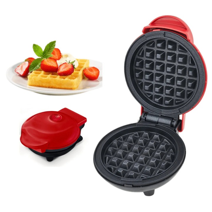 Мини гофретник 800W – компактен, бърз, незалепващ, идеален за десерти и закуски, яркочервен