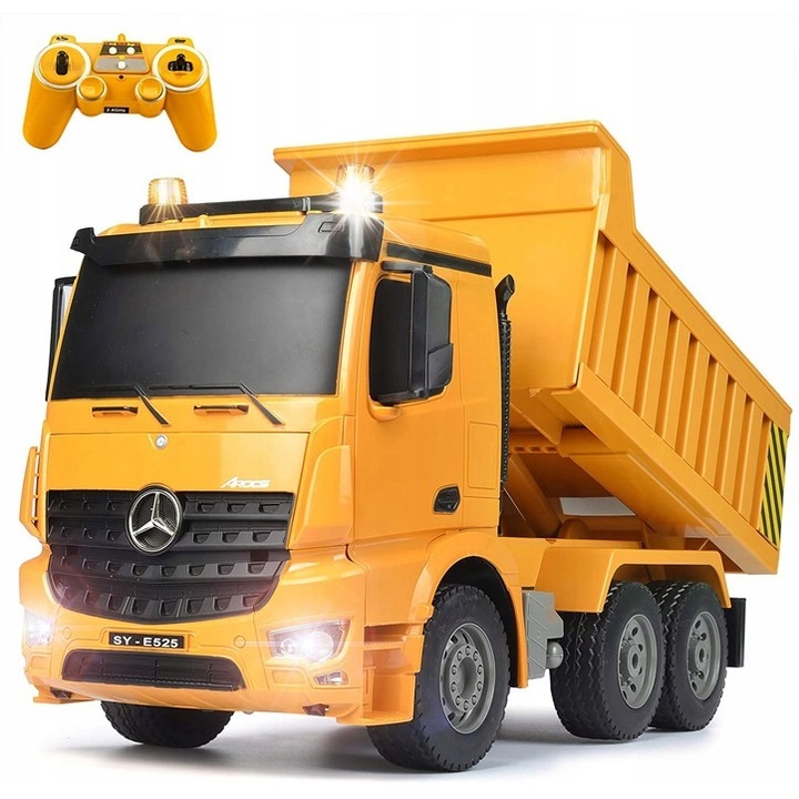 RC Mercedes-Benz Arocs Építőipari Teherautó, sárga, 37x15x19cm, készlet pilótával és kiegészítőkkel