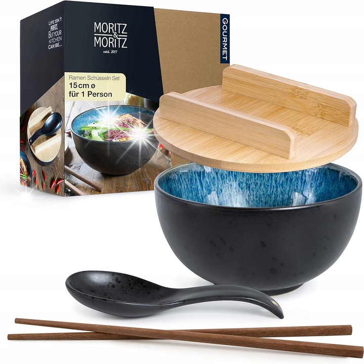 Set Ramen Moritz, ceramica, 15x8cm, 600ml, cu lingura, betisoare si capac din bambus