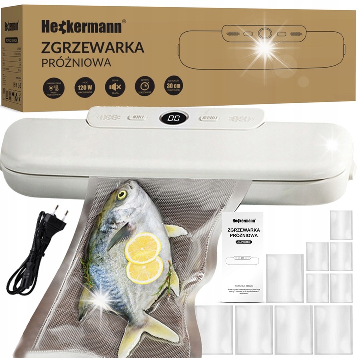 Heckermann JL-VS8808 vákuumhegesztő, 120W, fehér, készlet 20x600cm fóliával, 5x 12x20cm, 5x 2x25cm