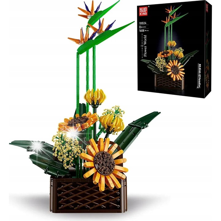 Set de constructie Mould King 10024, Buket exotic Strelicia, 1608 elemente, 35,8x48,5cm, plastic ABS