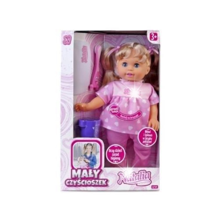 Interaktív baba Natalia, 33cm, rózsaszín, fogkefével és pohárral