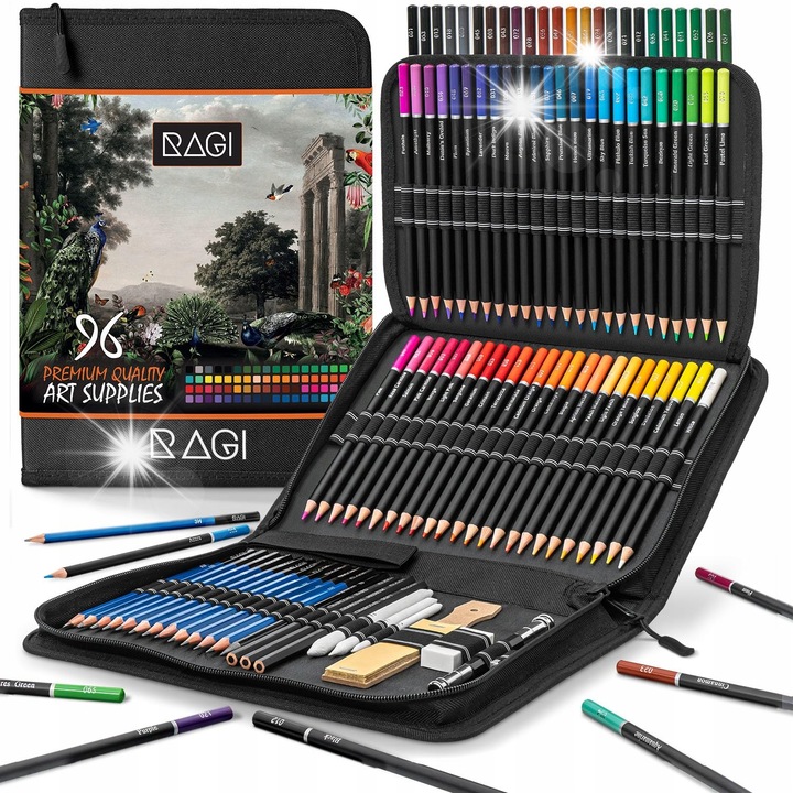Професионален комплект цветни моливи Ragi, 96 части, различни цветове, размери 29x22x5cm