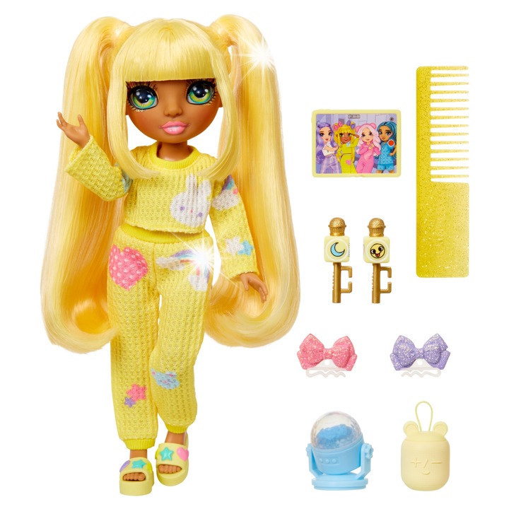 Papusa Rainbow High Bella, set PJ Party, pijama roz, 22cm, accesorii inclusiv microfon si boxe portabile