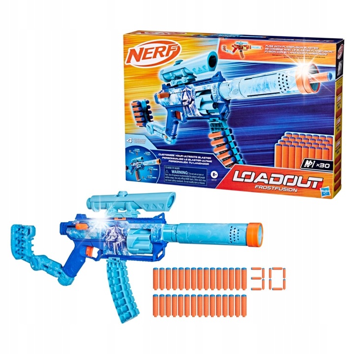 Бластер Nerf Loadout FrostFusion, 30 стрели, модулен, синьо-бял дизайн, 55x18см