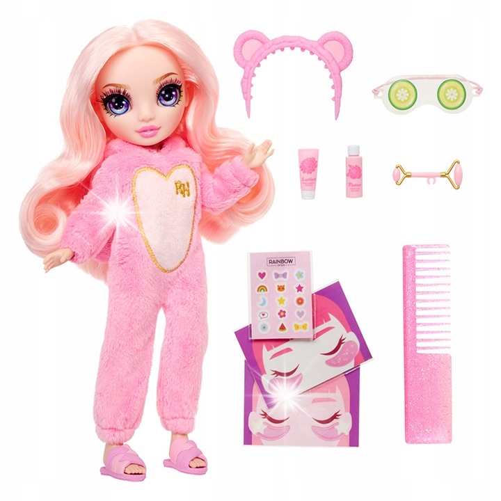 Papusa Rainbow High Bella PJ Party, pijama roz, accesorii, 22cm