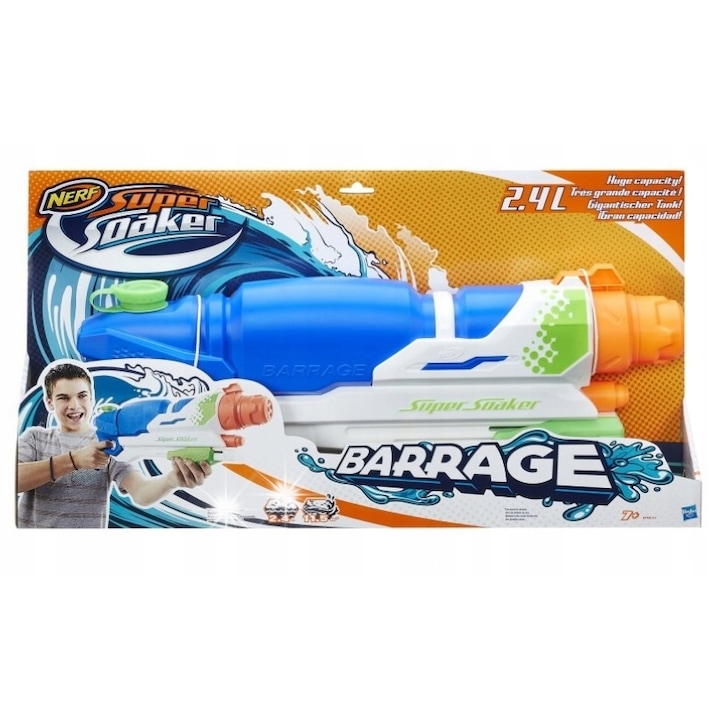 Пистолет за вода Nerf Super Soaker Barrage, 2,4 L, зелен и бял, 54 см