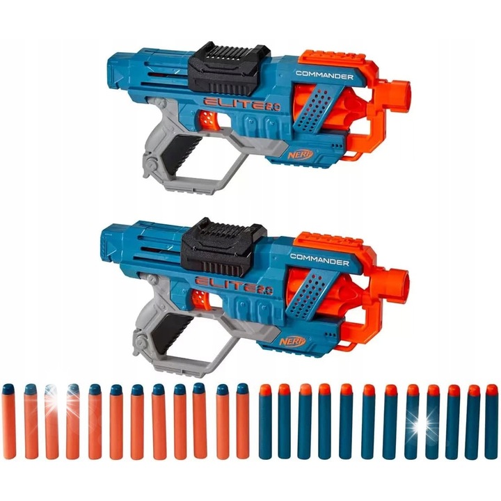 Пистолет Nerf Elite 2.0 Commander RD-6, комплект 2 броя, 24 стрели, 27м, капацитет 6 стрели, многоцветен