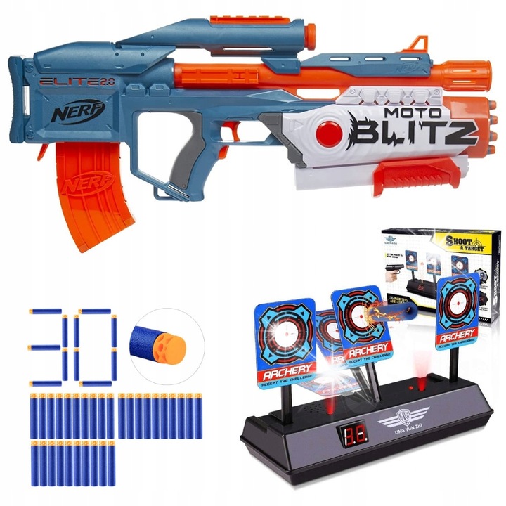 Nerf Elite 2.0 MotoBlitz, комплект с 30 стрелички Waffle и електронна мишена, 10x6см